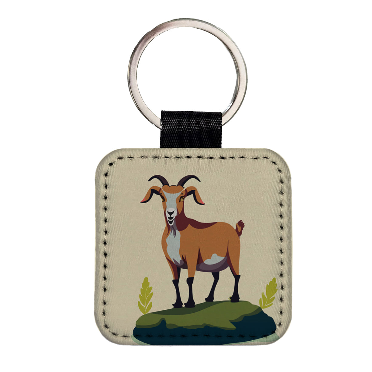 Goat Standing Square Faux Leather Keychain