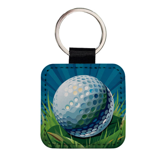 Golf Ball on Grass Sport Square Faux Leather Keychain