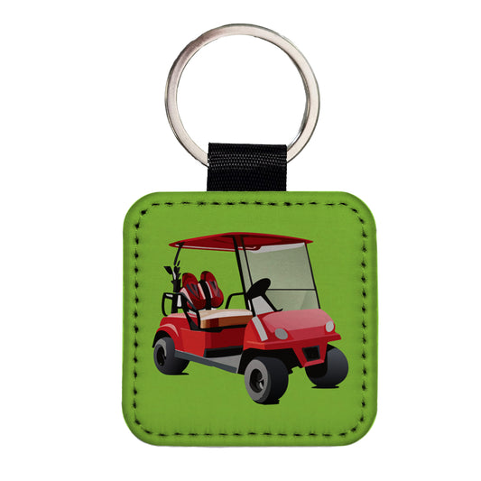 Golf Cart Red Golfing Sport Square Faux Leather Keychain
