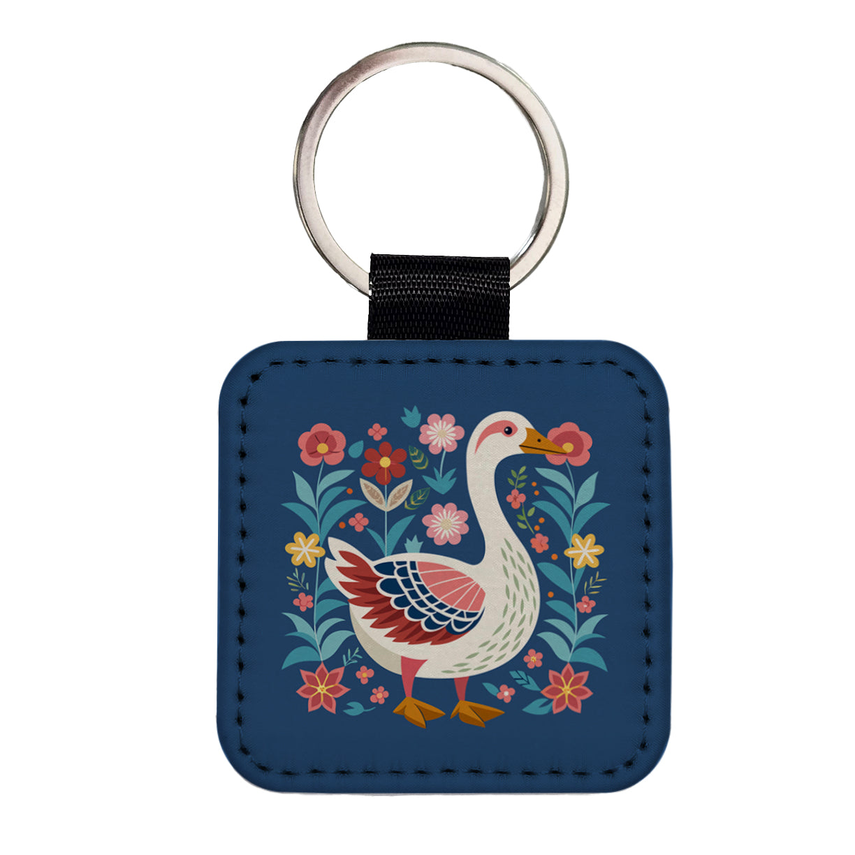 Goose Bird Floral Flowers Square Faux Leather Keychain
