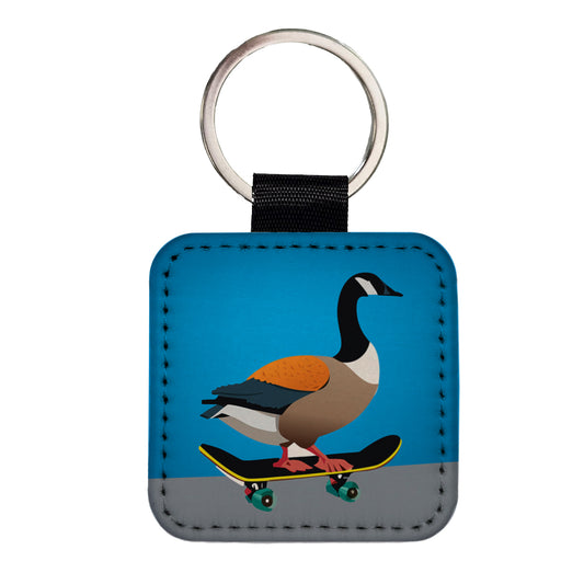 Goose Riding Skateboard Skateboarding Funny Square Faux Leather Keychain