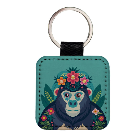 Gorilla Floral Flowers Square Faux Leather Keychain