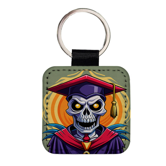 Graduate Skeleton Graduation Scary Square Faux Leather Keychain
