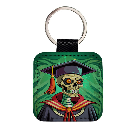 Graduate Skeleton Scary Graduation Square Faux Leather Keychain