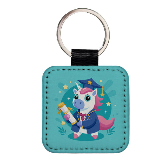 Graduate Unicorn Graduation Square Faux Leather Keychain