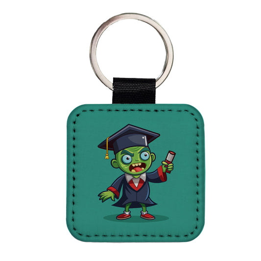 Graduate Zombie Graduation Cartoon Square Faux Leather Keychain