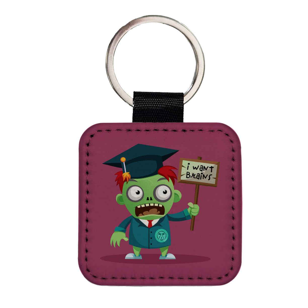 Graduate Zombie Graduation I Want Your Brains Square Faux Leather Keychain