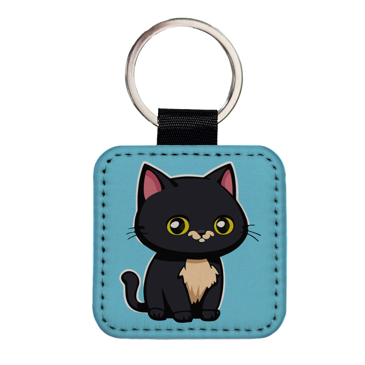 Gray Cat Cute Square Faux Leather Keychain