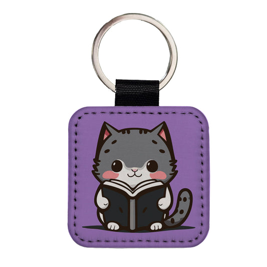 Gray Cat Reading Book Square Faux Leather Keychain