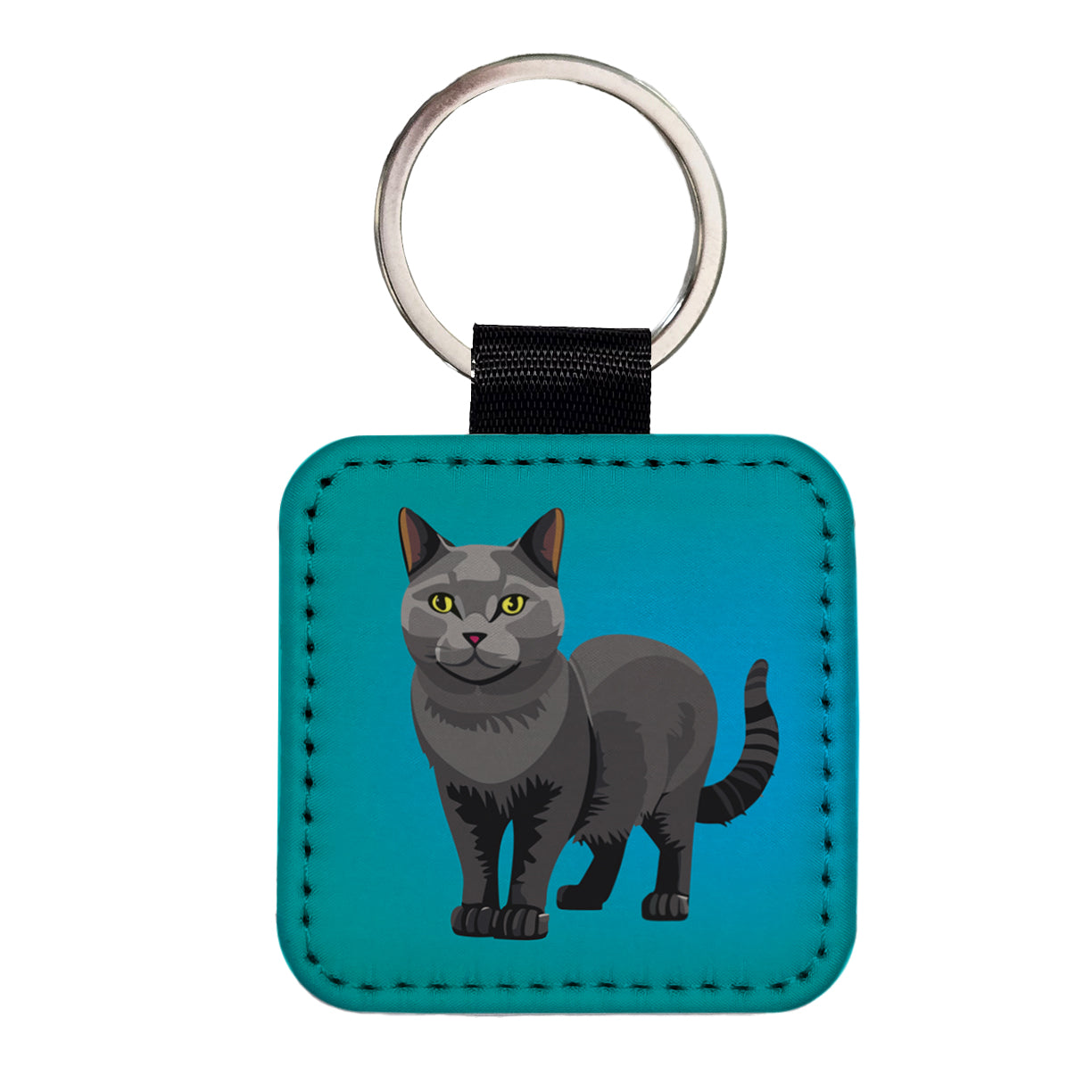 Gray Cat Standing Square Faux Leather Keychain