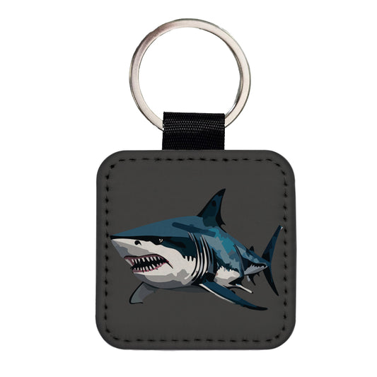 Great White Shark Square Faux Leather Keychain