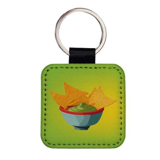 Guacamole and Tortilla Chips Square Faux Leather Keychain