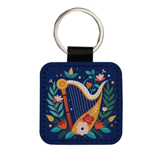Harp Music Floral Motif Square Faux Leather Keychain