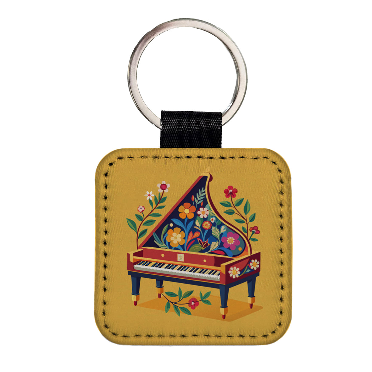 Harpsichord Music Floral Motif Square Faux Leather Keychain