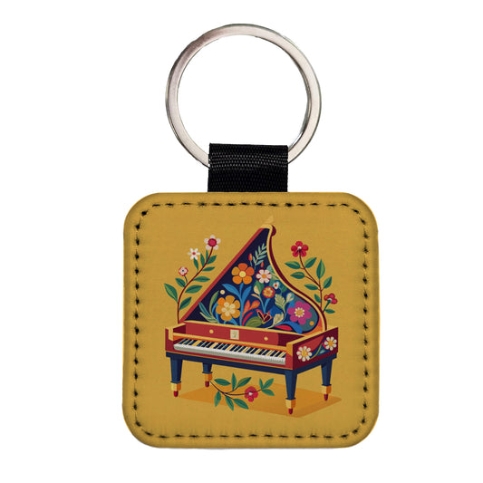 Harpsichord Music Floral Motif Square Faux Leather Keychain