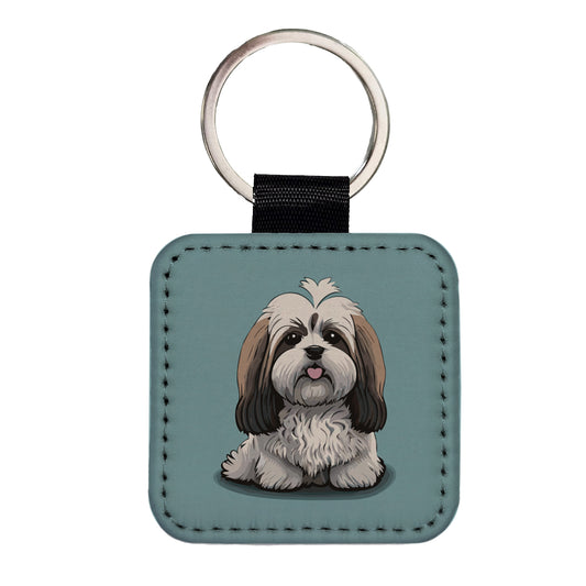 Havanese Dog Sitting Square Faux Leather Keychain