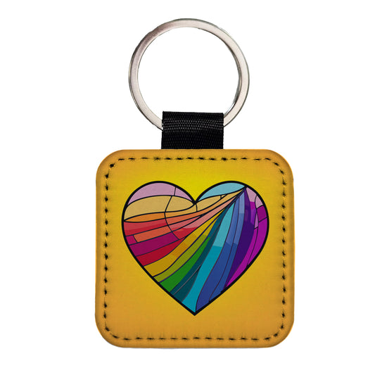 Heart Rainbow Stained Glass Love LGBTQ Square Faux Leather Keychain