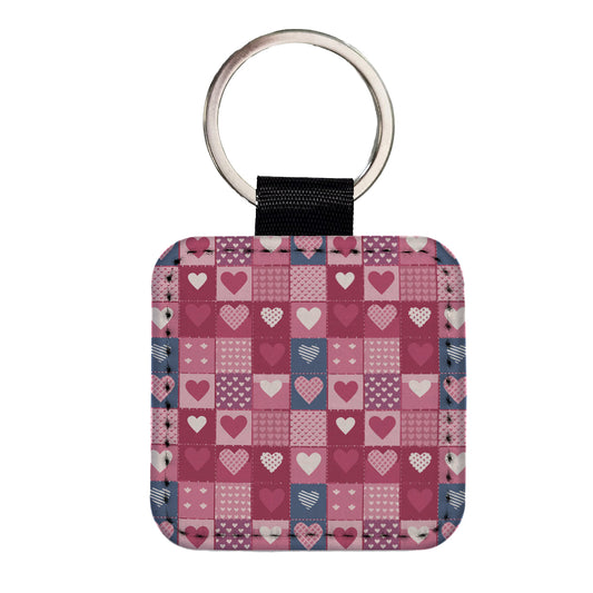 Hearts Quilt Valentines Day Anniversary Love Wedding Pattern Square Faux Leather Keychain