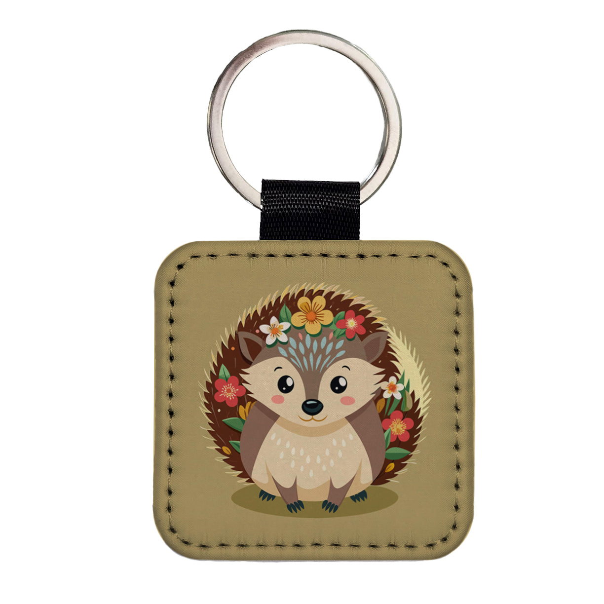 Hedgehog Floral Flowers Square Faux Leather Keychain