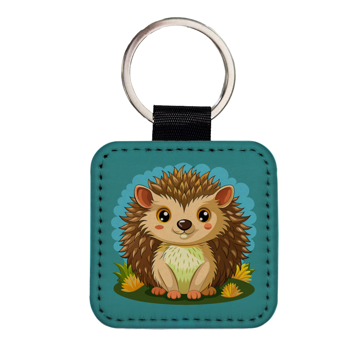 Hedgehog Smiling Cute Square Faux Leather Keychain