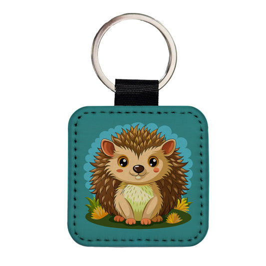 Hedgehog Smiling Cute Square Faux Leather Keychain