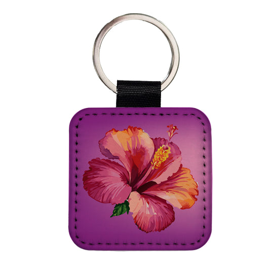 Hibiscus Flower Tropical Watercolor Square Faux Leather Keychain