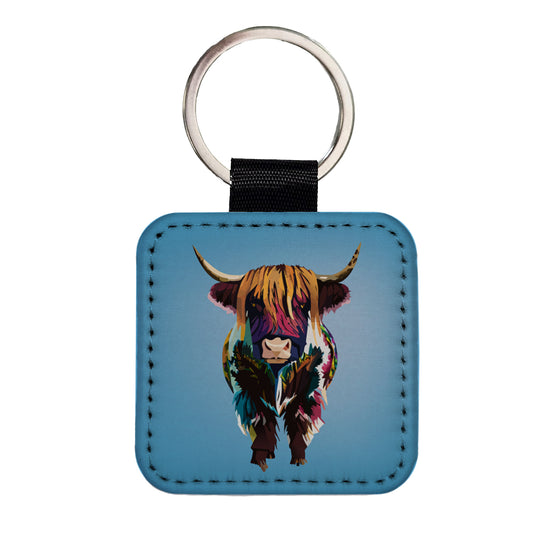 Highland Cow Colorful Square Faux Leather Keychain