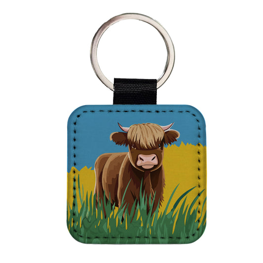 Highland Cow Scruffy Square Faux Leather Keychain