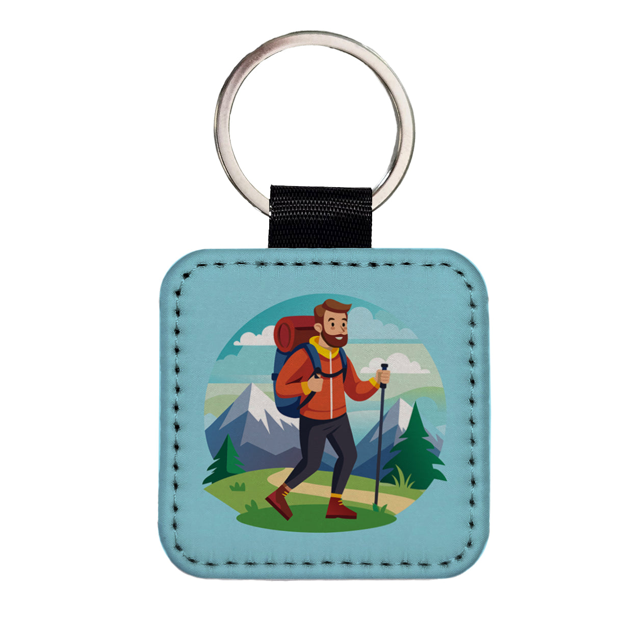 Hiker Hiking Backpacking Man Square Faux Leather Keychain