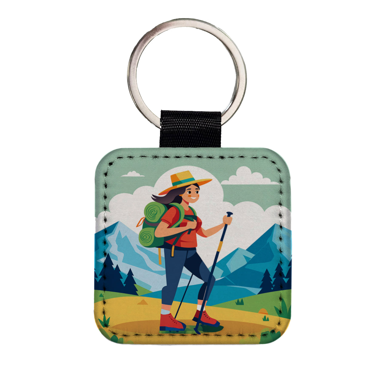 Hiker Hiking Backpacking Woman Square Faux Leather Keychain