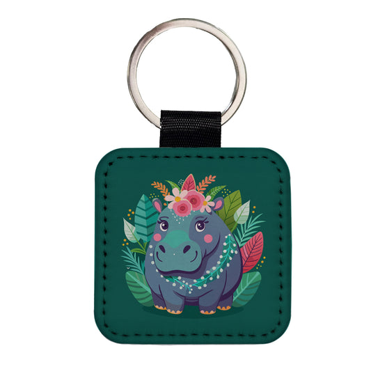 Hippopotamus Floral Flowers Square Faux Leather Keychain
