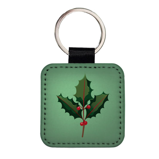 Holly Christmas Greenery Square Faux Leather Keychain