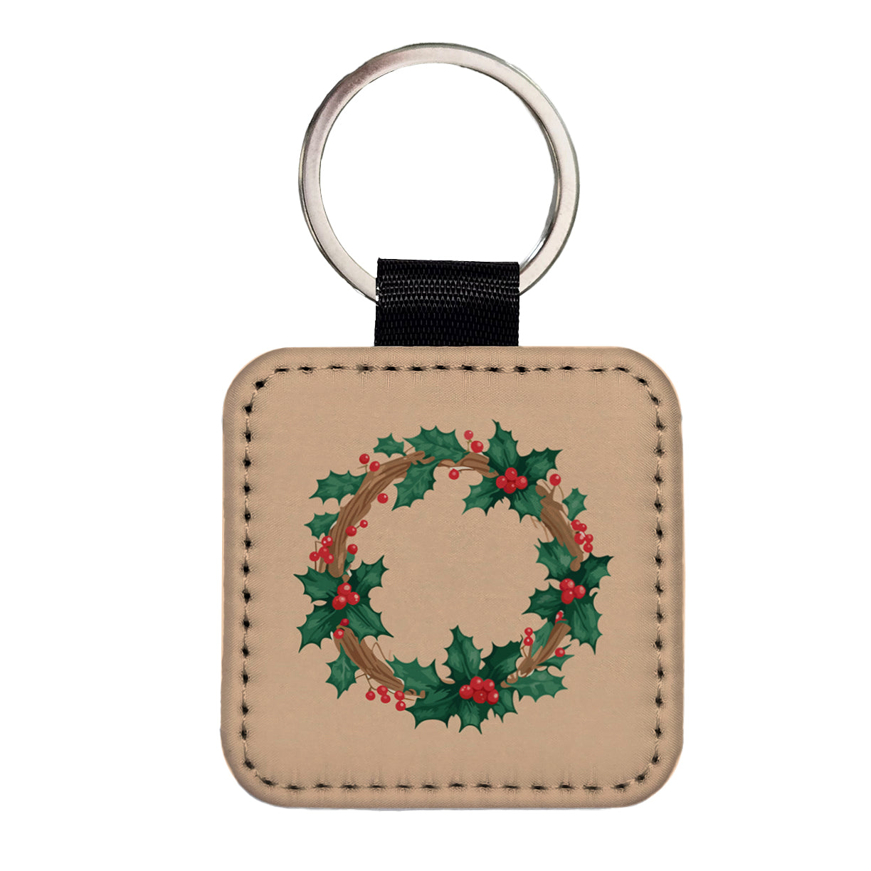 Holly Christmas Wreath Watercolor Square Faux Leather Keychain