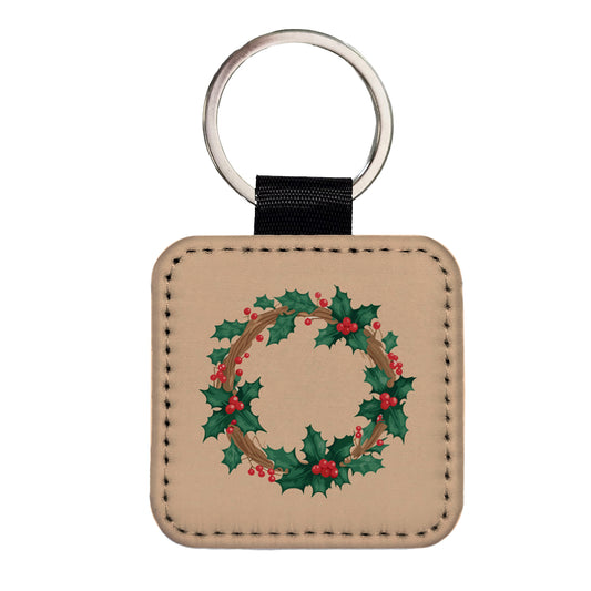 Holly Christmas Wreath Watercolor Square Faux Leather Keychain