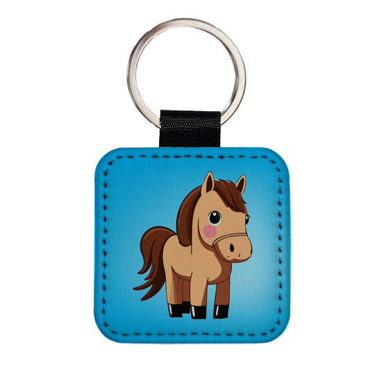Horse Chibi Cute Standing Square Faux Leather Keychain