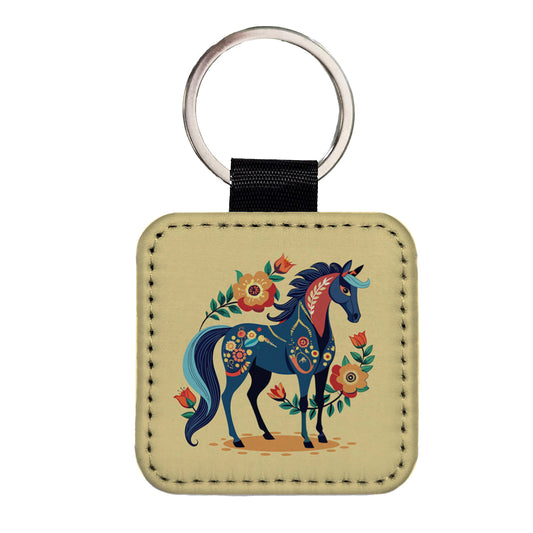 Horse Floral Flowers Cottagecore Country Western Square Faux Leather Keychain