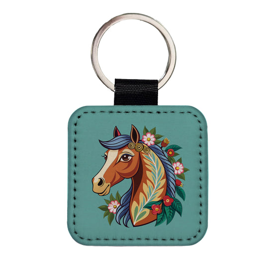 Horse Head Floral Flowers Cottagecore Country Western Square Faux Leather Keychain