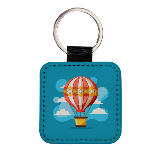 Hot Air Balloon in Sky Square Faux Leather Keychain