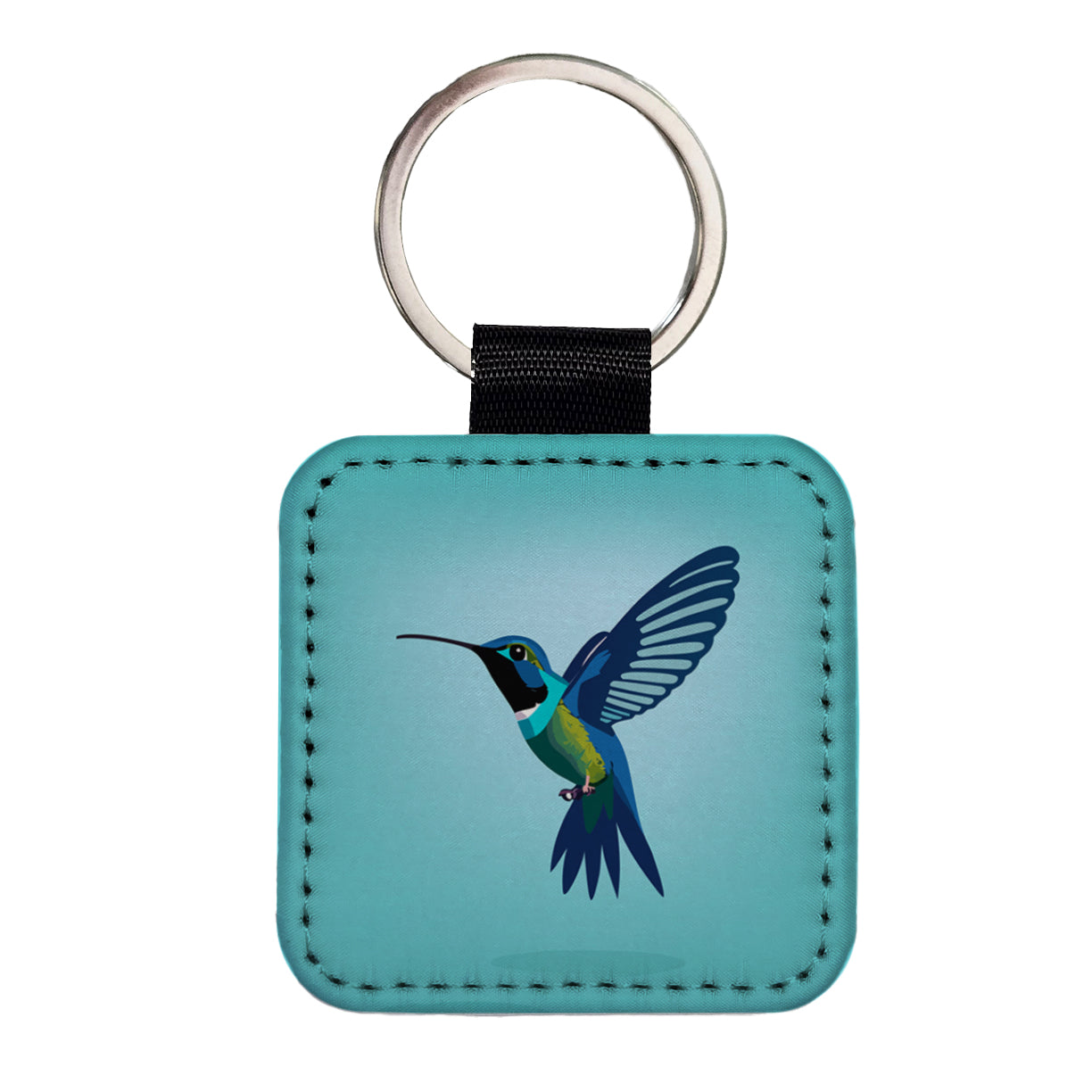 Hummingbird Blue Square Faux Leather Keychain