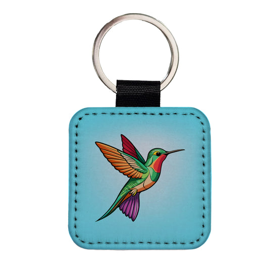 Hummingbird Colorful Square Faux Leather Keychain