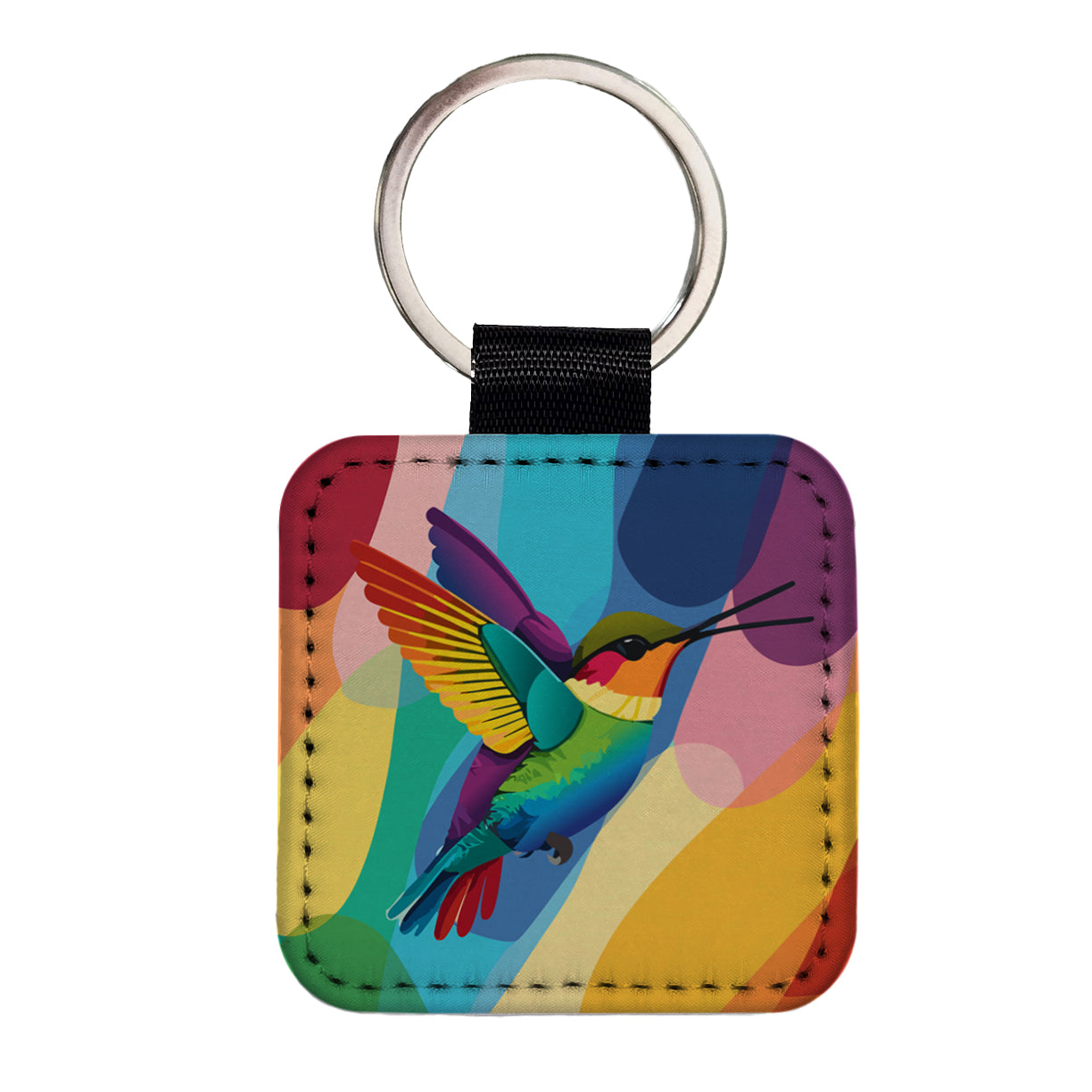 Hummingbird Rainbow Square Faux Leather Keychain