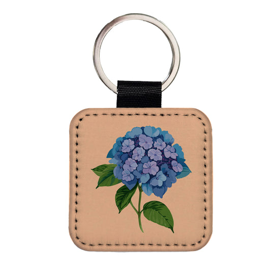 Hydrangea Flower Blue Square Faux Leather Keychain