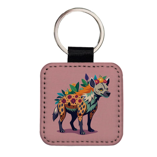 Hyena Floral Flowers Square Faux Leather Keychain
