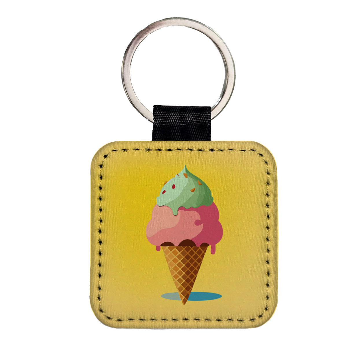 Ice Cream Cone Two Scoops Square Faux Leather Keychain