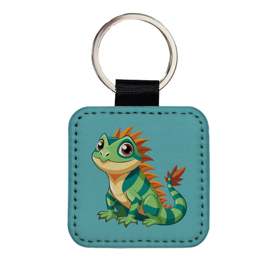 Iguana Lizard Cute Square Faux Leather Keychain