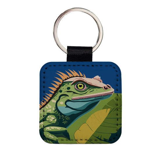 Iguana Lizard Reptile Square Faux Leather Keychain