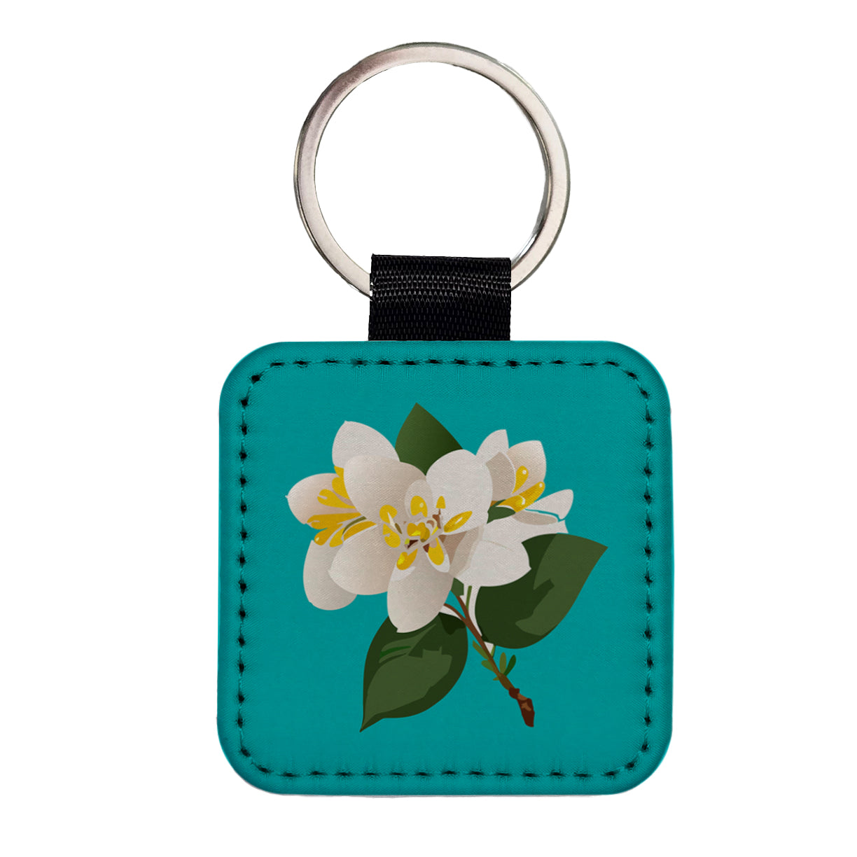 Jasmine White Flowers Square Faux Leather Keychain