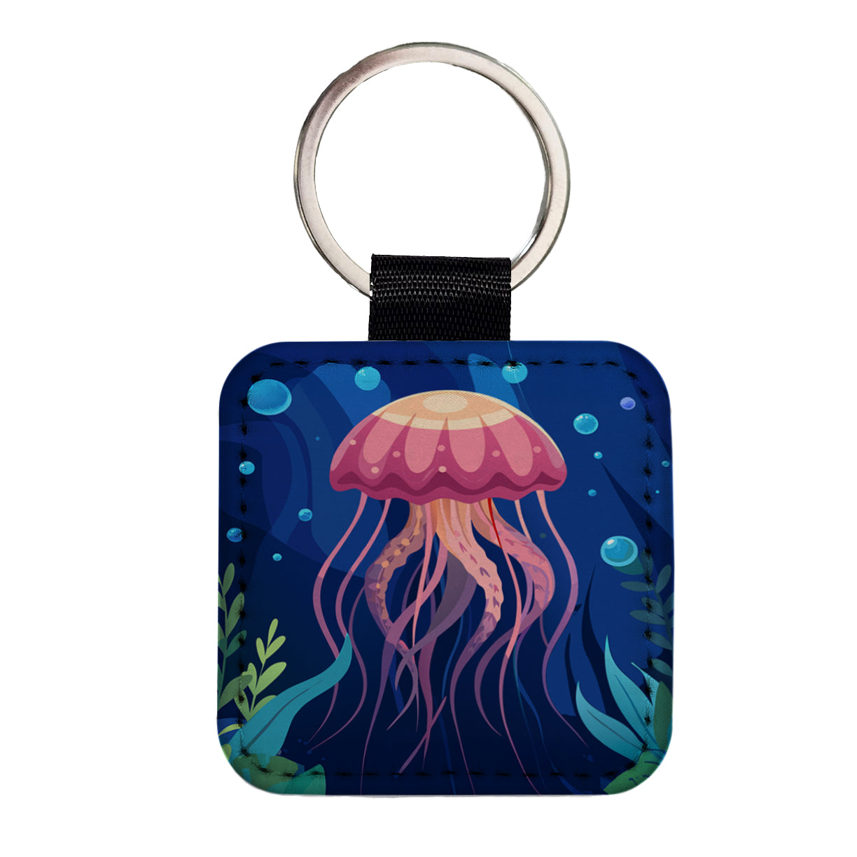 Jelly Fish in Ocean Square Faux Leather Keychain