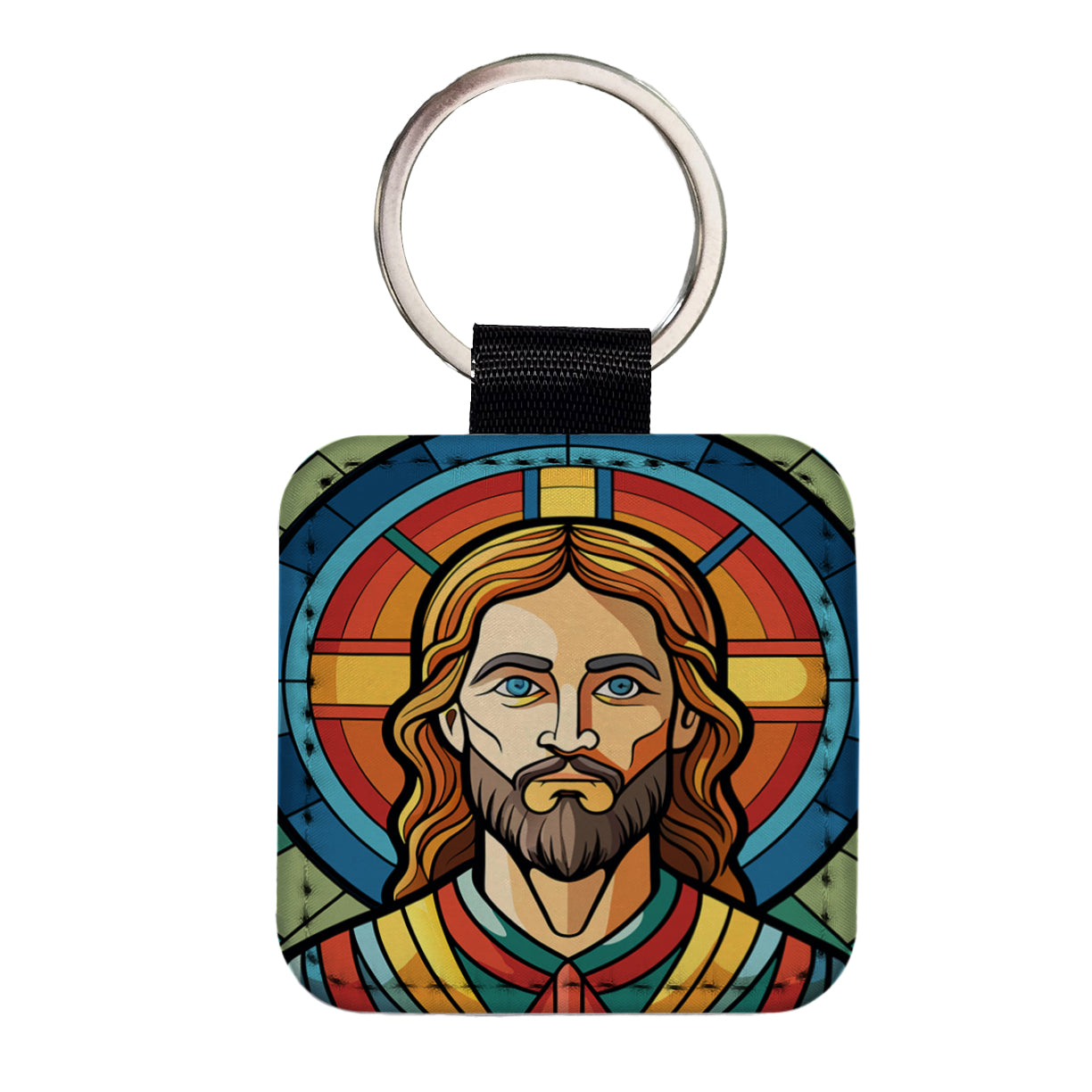 Jesus Stained Glass Christian Religious Catholic Square Faux Leather Keychain