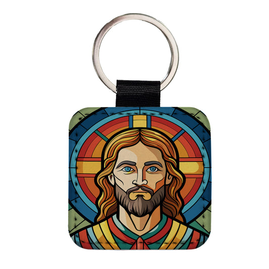 Jesus Stained Glass Christian Religious Catholic Square Faux Leather Keychain